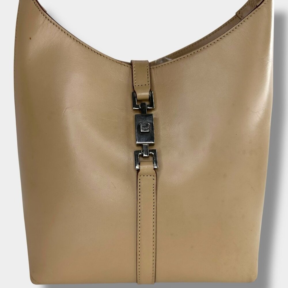 Gucci Vintage Jackie Top Handle Shoulder Bag Beige Leather Piston Clasp Authenti - Picture 3 of 13